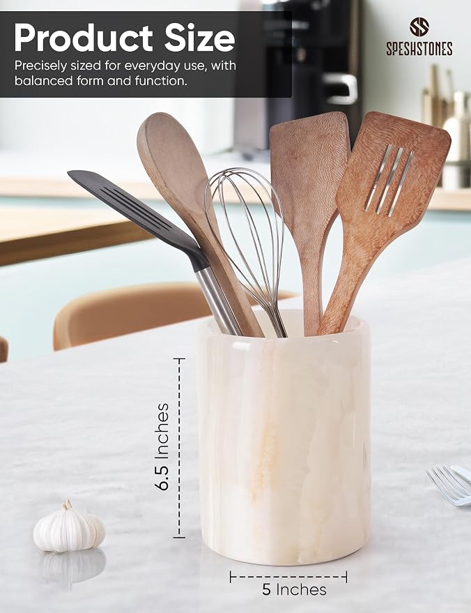 Marble Utensil Holder 6.5 Inch Cream Onyx Wooden Cooking Utensils Set & Spatula - Image 6