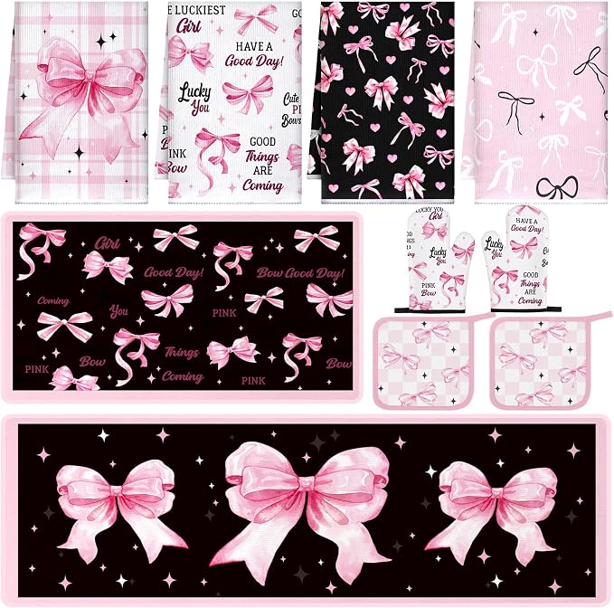 Fourluoo 10 Pcs Bow Kitchen Dish Towels Rugs Oven Mitts and Pot Holders Set by Fourluoo