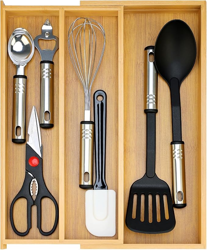 Large Bamboo Silverware Drawer Organizer Tray Kitchen Tool Drawer Divider by Hilislog