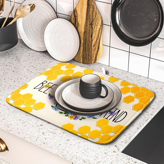 Giwawa Bee Kind Dish Drying Mat, Summer Bees Flowers Dish Drainer Mats - Image 5