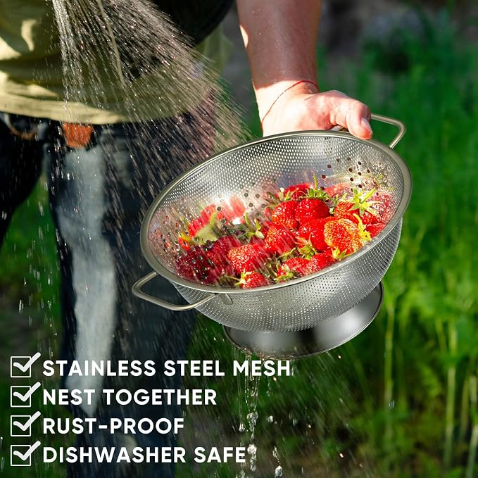 Bokon 3 Pcs Stainless Steel Colander Set Colander Bowl and Sieves 1/3/5 Quart - Image 4
