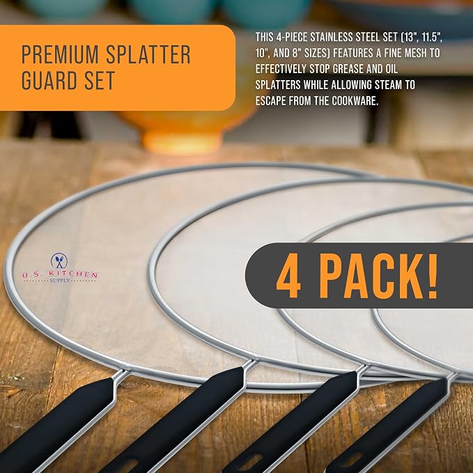U.S. Kitchen Supply 4-Piece Stainless Steel Splatter Guard Set Fine Mesh Cover - Image 2