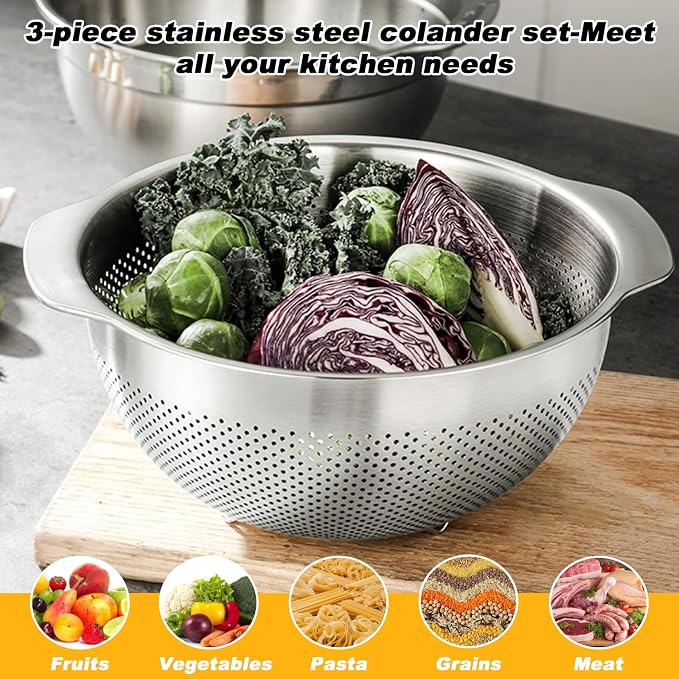 3 Pcs Stainless Steel Colander Strainer Set Metal Colander - Image 3