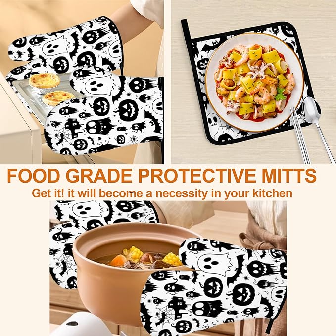 Halloween Ghost Pumpkin Pattern Oven Gloves and Hot Pads Set - Image 5