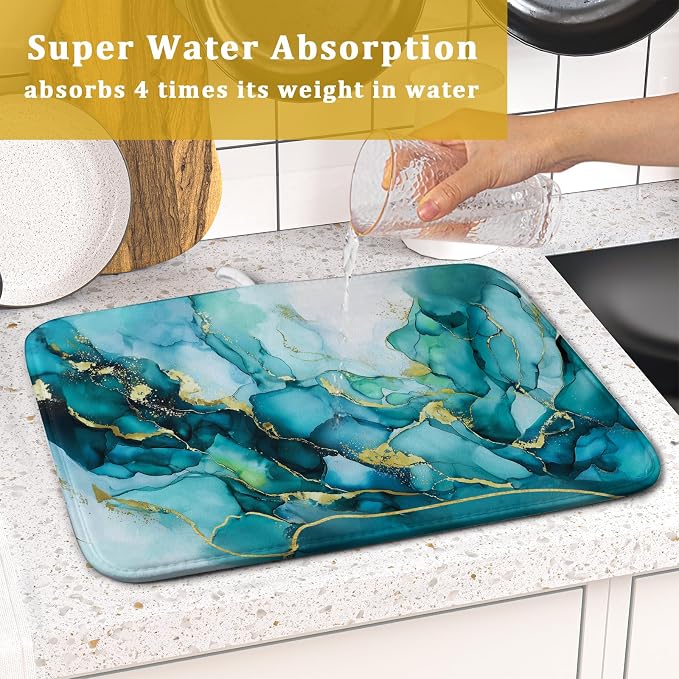 Giwawa Teal Marble Dish Drying Mat Turquoise Blue Marbling Print Dish Drainer - Image 7