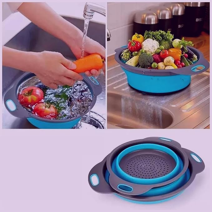 Round Silicone Blue Colander Collapsible – Foldable Kitchen Strainer Small - Image 8