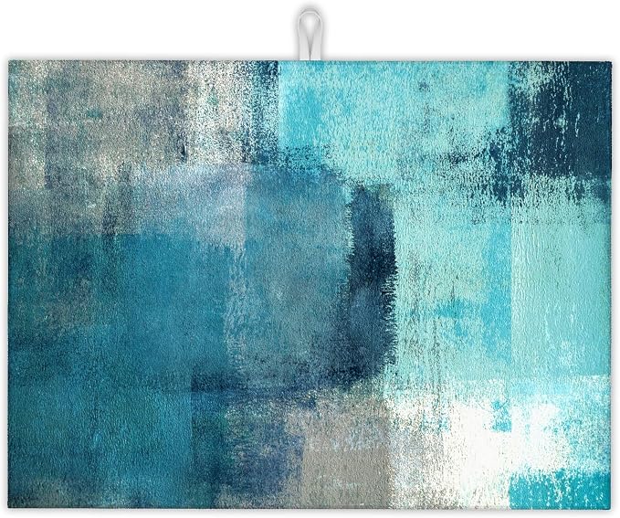 Teal Grey Abstract Art Dish Drying Mat, Drying Rack Pad Countertop Dishes Ultra by UIUPRO