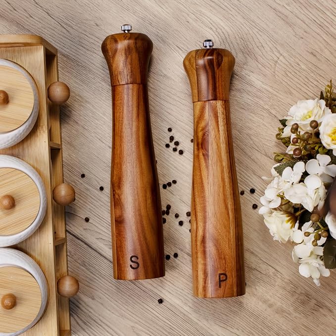 Haomacro 2 Pack 10 Inch Acacia Wooden Salt and Pepper Grinder Set, Manual Salt - Image 4