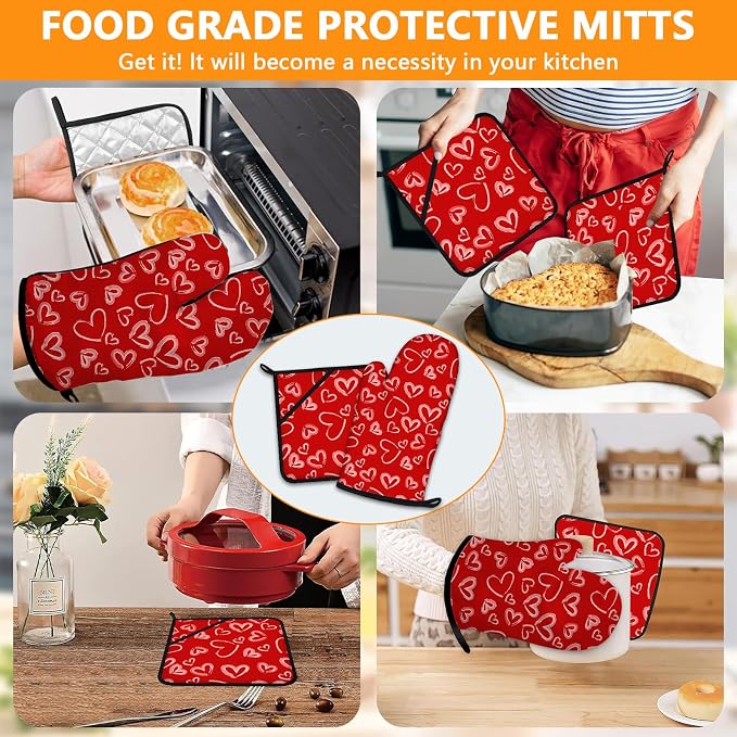 White Love Hearts Oven Mitts and Pot Holders Sets 4Pcs, Extra Long Oven Gloves - Image 7