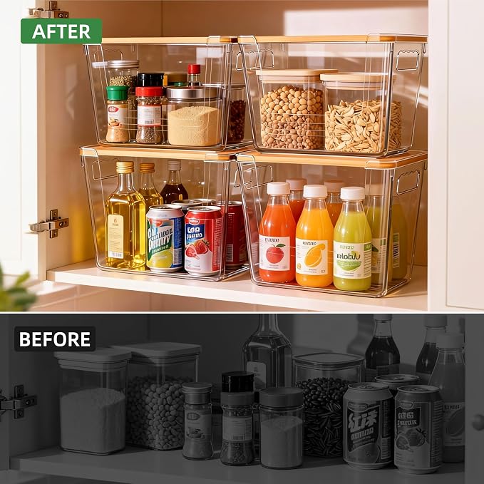 4 Pack Clear Storage Bins with Bamboo Lid, Garbage Bag Dispenser, Pantry - Image 6