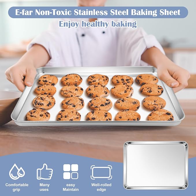 E-far Stainless Steel Baking Sheet, 12.4” x9.7” Baking Cookie Sheet Pan - Image 4