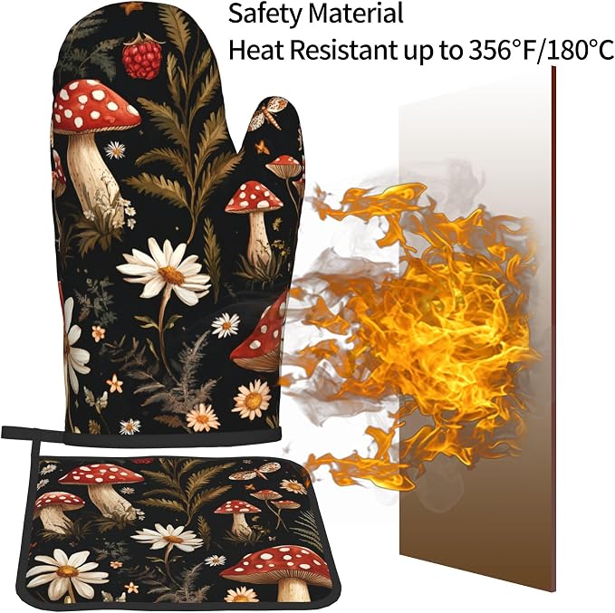 Mushroom Oven Mitt Pot Holder Set Vintage Floral BBQ Cooking Gloves - Image 5