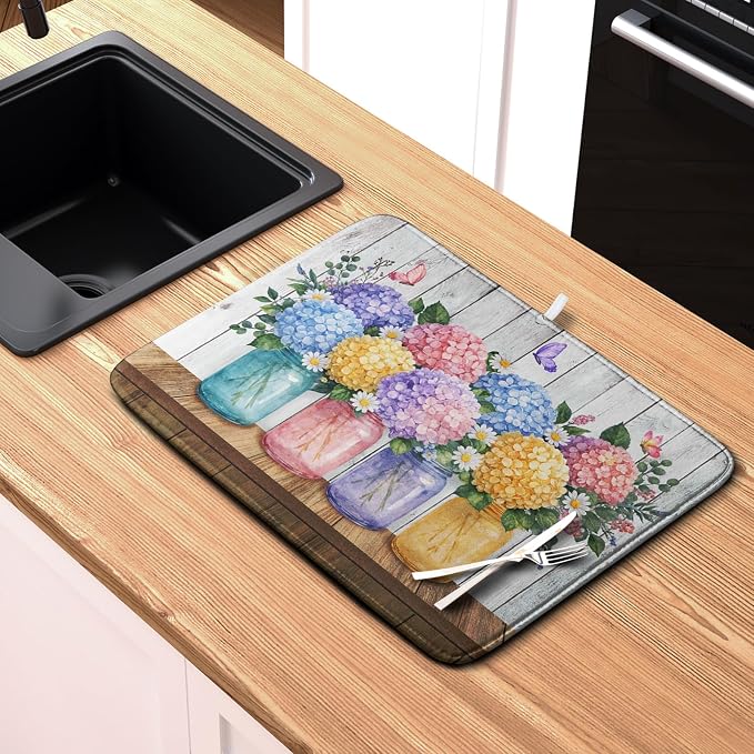 Hydrangea Dish Drying Mat for Kitchen Counter Spring Summer Floral Vases dish - Image 6