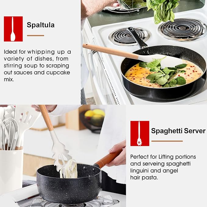 E-far White Cooking Utensils Set of 6, Silicone Kitchen Utensils - Image 6