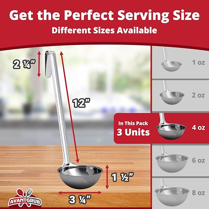 Super Sturdy, Ergonomic 4 Oz. Soup Ladle 3 Pk. Stainless Steel Ladles - Image 2