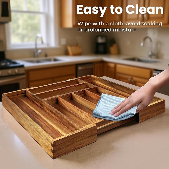 KITEISCAT Acacia Wood Expandable Silverware Organizer, Kitchen Utensil Drawer - Image 7