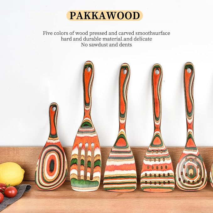 Gudamaye Pakkawood 7-Piece Red Wooden Cooking Utensils, Wooden Spoons - Image 3