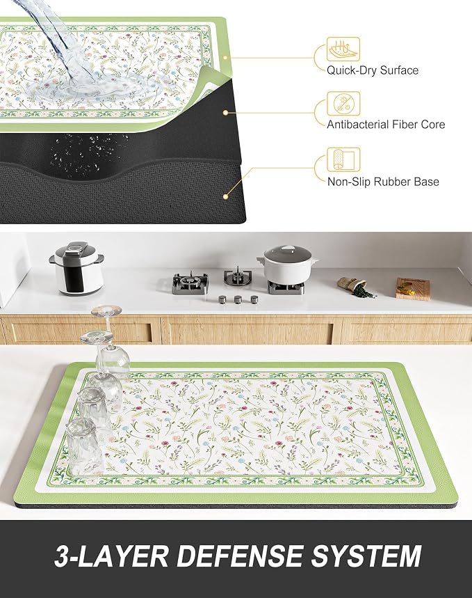 Rnivvi Dish Drying Mat for Kitchen Counter, 12 x 19" Cute Flower Theme Super - Image 4