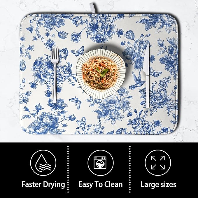 Dish Drying Mat for Kitchen Counter Blue and White Floral Drying Mats - Image 4