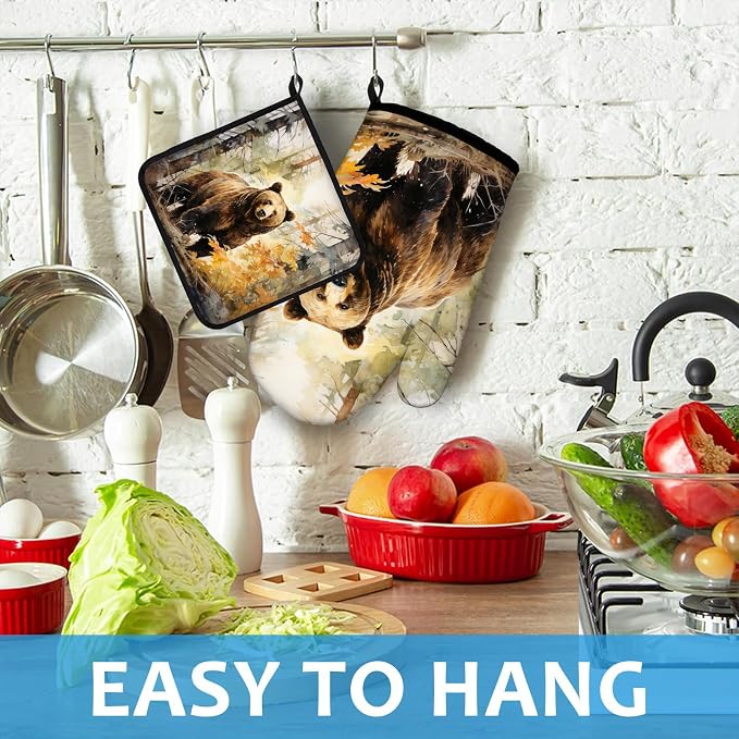 Watercolor Brown Bear Oven Mitts and Pot Holders Sets Heat Resistant 4Pcs - Image 4