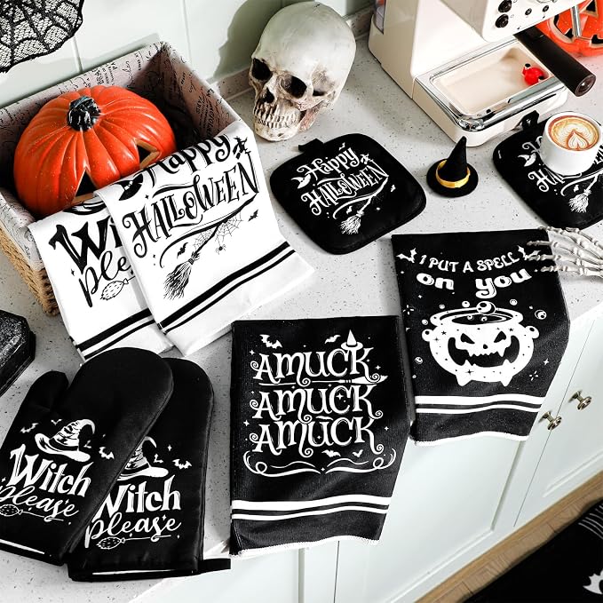 Fanfanwin 10 Pcs Halloween Kitchen Decor Set Witch Kitchen Towels and Rugs Pot - Image 7