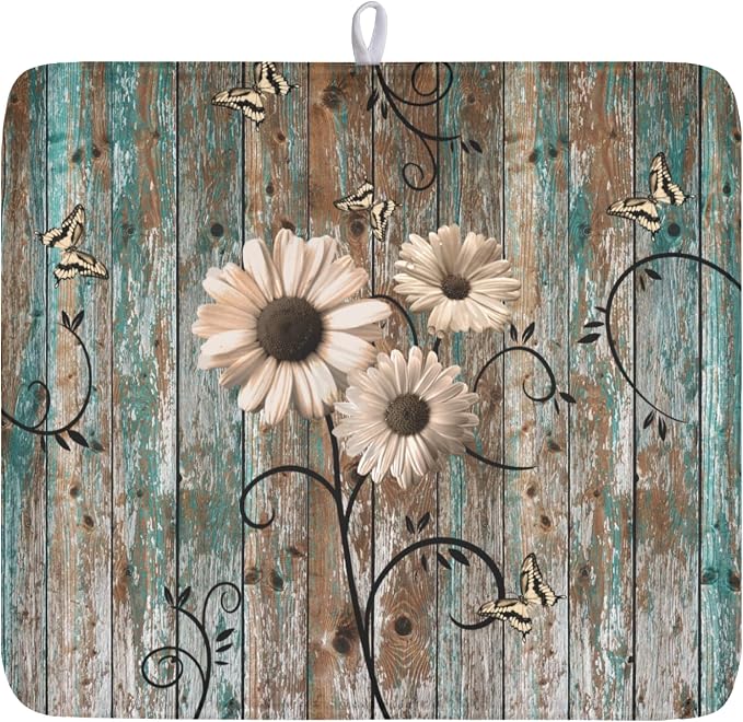 Dish Drying Mat for Kitchen Counter 16 x 18 Inch Rustic Vintage Daisy Floral by Unknown