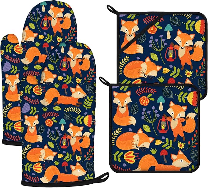 Cute Fox Oven Mitts and Pot Holders Sets 4Pcs, Extra Long Oven Gloves Potholder by VisittheDuibelproduct