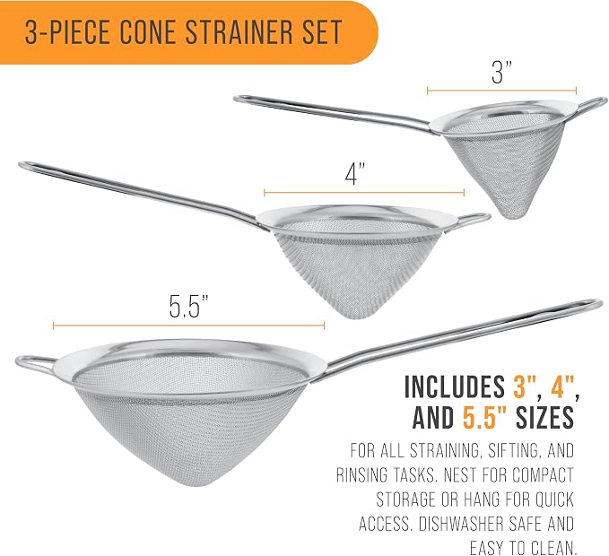 U.S. Kitchen Supply Set of 3 Stainless Steel Conical Strainers - Image 3