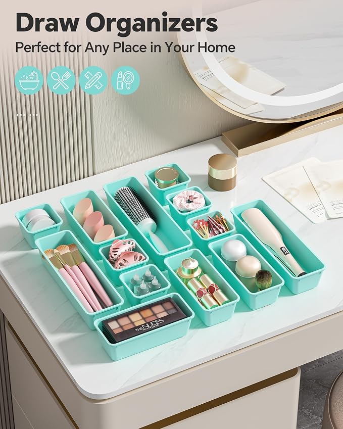 Canfanni 13 Pack Plastic Drawer Organizers Set, 3 Sizes Desk Drawer Organizer - Image 6