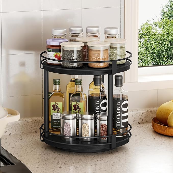 Snughome Lazy Susan Spice Rack, 2 Tier Rotating Spice Rack, Wood Lazy Susan - Image 3
