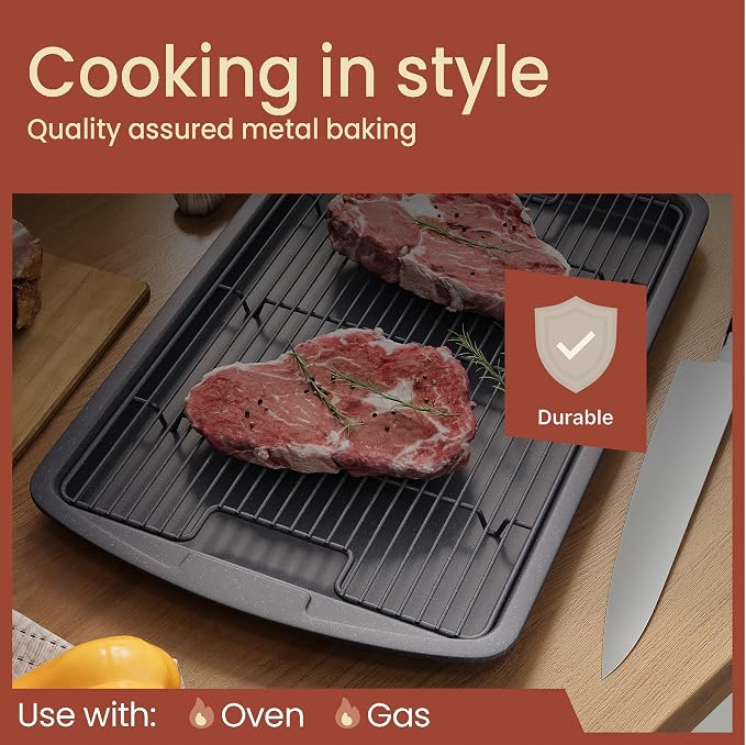 Cookie Sheet with Wire Rack Set, 2-Piece Nonstick Gray Marble Carbon Steel Pan - Image 3