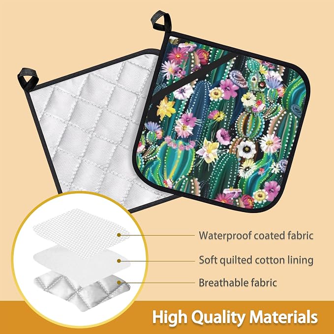 Blooming Cactus Succulents Flowers Pot Holder Set of 2, Heat Resistant - Image 3