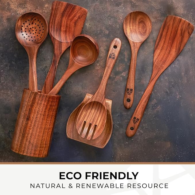 Wooden Utensil Set 8 Pcs – Sturdy & Easy to Clean, Natural Teak Wooden Spoons - Image 8