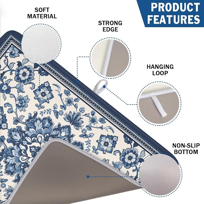 Blue Floral Dish Drying Mat for Kitchen Counter Vintage Flower Pattern - Image 2
