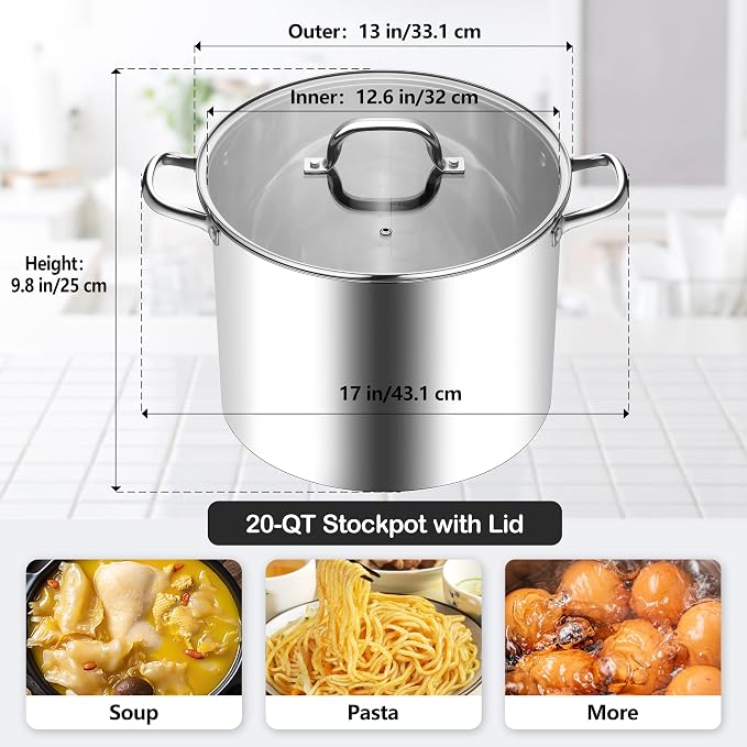 Homikit 20 Quart Soup Pot with Lid, Large Stainless Steel Stock Pot with Double - Image 2