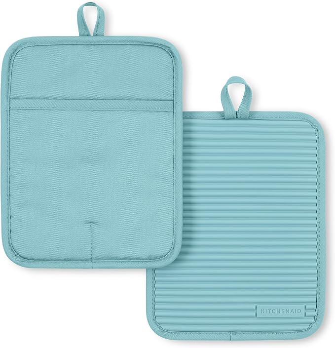 KitchenAid Ribbed Soft Silicone Pot Holder 2-Pack Set, Mineral Water Aqua by KitchenAid
