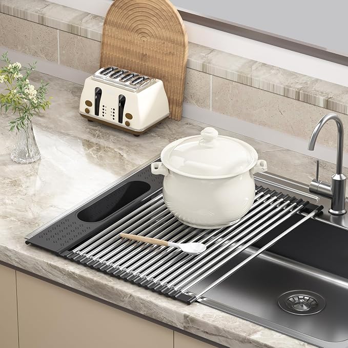 Roll Up Dish Drying Rack Over Sink, 17.5" x 15.2" Foldable SUS304 Stainless - Image 2