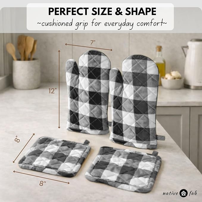 Native Fab Buffalo Plaid Check Oven Mitts and Pot Holders Set of 4, 100% Cotton - Image 8
