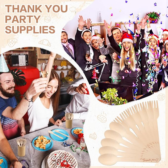 LemonRoad 200 Pcs Thank You Disposable Wooden Cutlery Set Bamboo Utensils 100 - Image 7