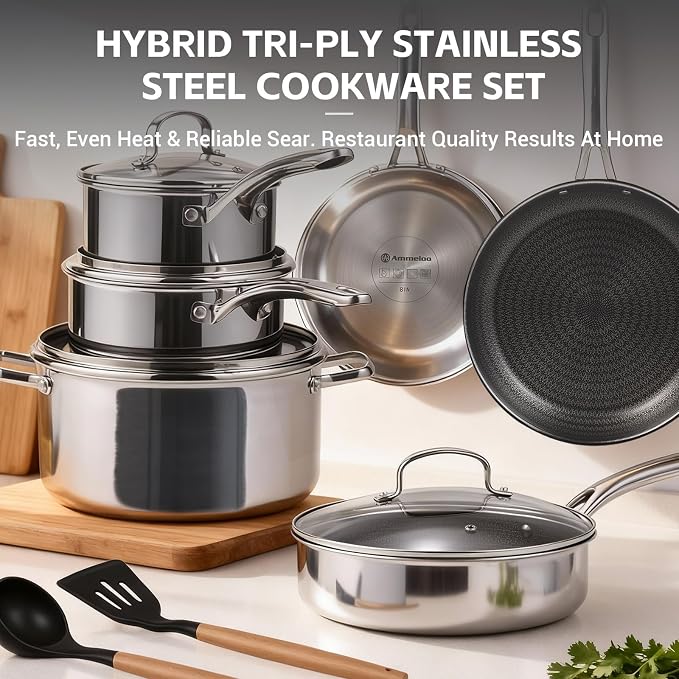Ammeloo 17 Pcs Nonstick Stainless Steel Cookware Set, Hybrid Stainless Steel - Image 9