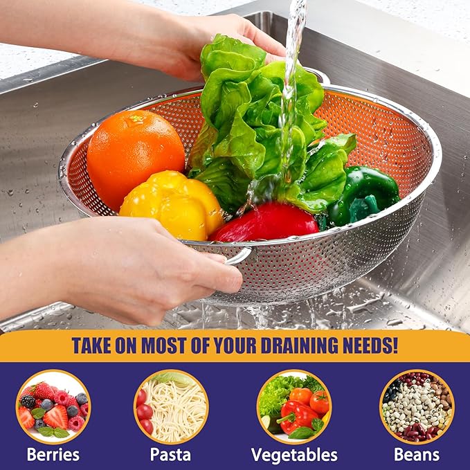 E-far 3QT & 5QT Colander Set of 2, Stainless Steel Micro-Perforated Colander - Image 3