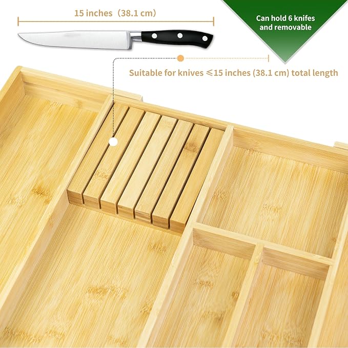 VaeFae Bamboo Kitchen Drawer Organizer, Utensil Tray - Image 4