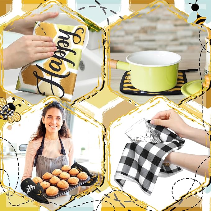 Leinuosen 6 Bee Kitchen Towels Kitchen Decor and Accessories Set Floral Plant - Image 7