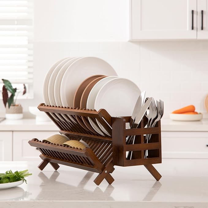 HBlife Dish Rack, Teak Folding 2-Tier Collapsible Drainer Dish Drying Rack - Image 5