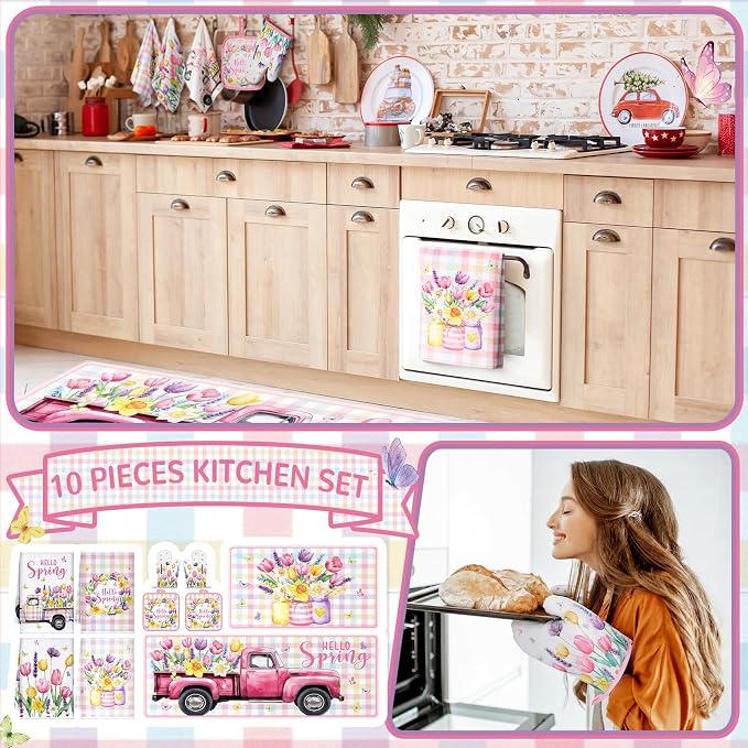 Fourluoo 10 Pcs Spring Flower Farmhouse Kitchen Decor Set Dish Towels Kitchen - Image 2
