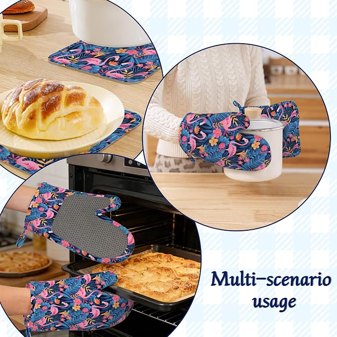 Oven Mitts and Pot Holders Sets Flamingo Tropical Flower Silicone Kitchen Mits - Image 6