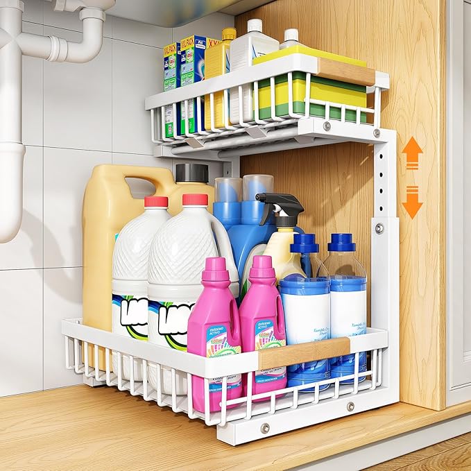 PXRACK Under Sink Organizer, Adjustable Height, 2 Tier Pull Out Under Cabinet by PXRACK