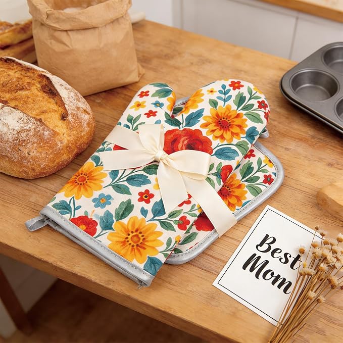 Floral Oven Mitts and Pot Holders Sets 2 Pcs, Canvas Heat Resistant Kitchen - Image 8