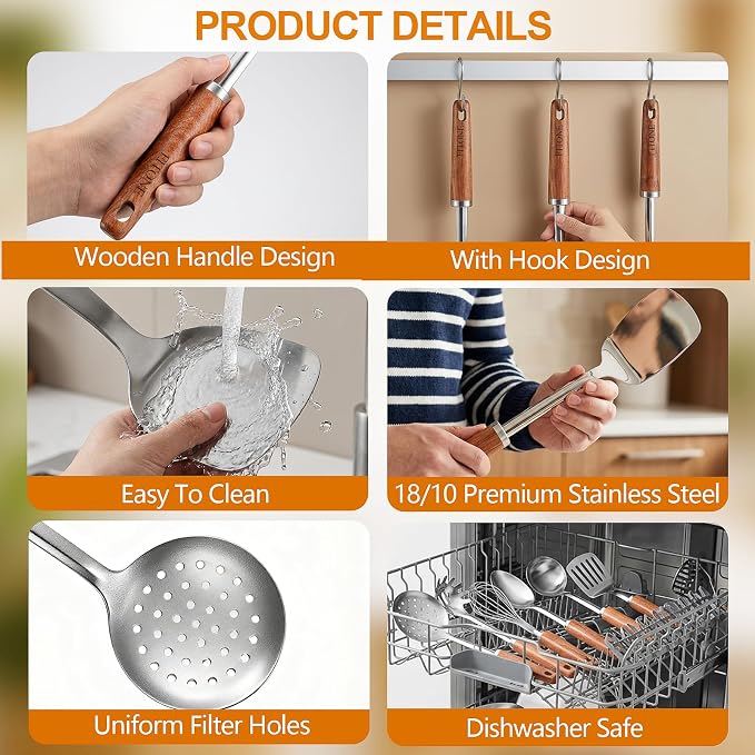 9PCS 18/8 Stainless Steel Kitchen Utensils Set, Heavy Duty Wooden Handle - Image 6