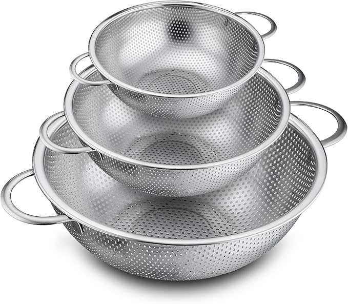 P&P CHEF Colander Set of 3, Stainless Steel Micro-Perforated Colanders Strainers by PPCHEF